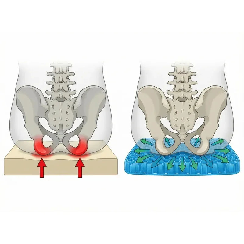 Illustration comparing concentrated sitting pressure with weight distributed across a gel cushion