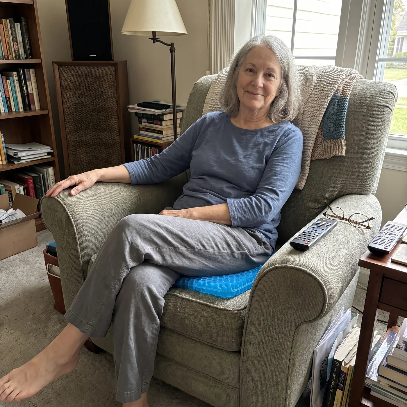 Older woman sitting comfortably on CellGel+ in her armchair at home