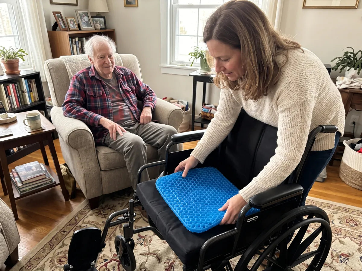 Daughter placing the CellGel+ cushion on her father's wheelchair