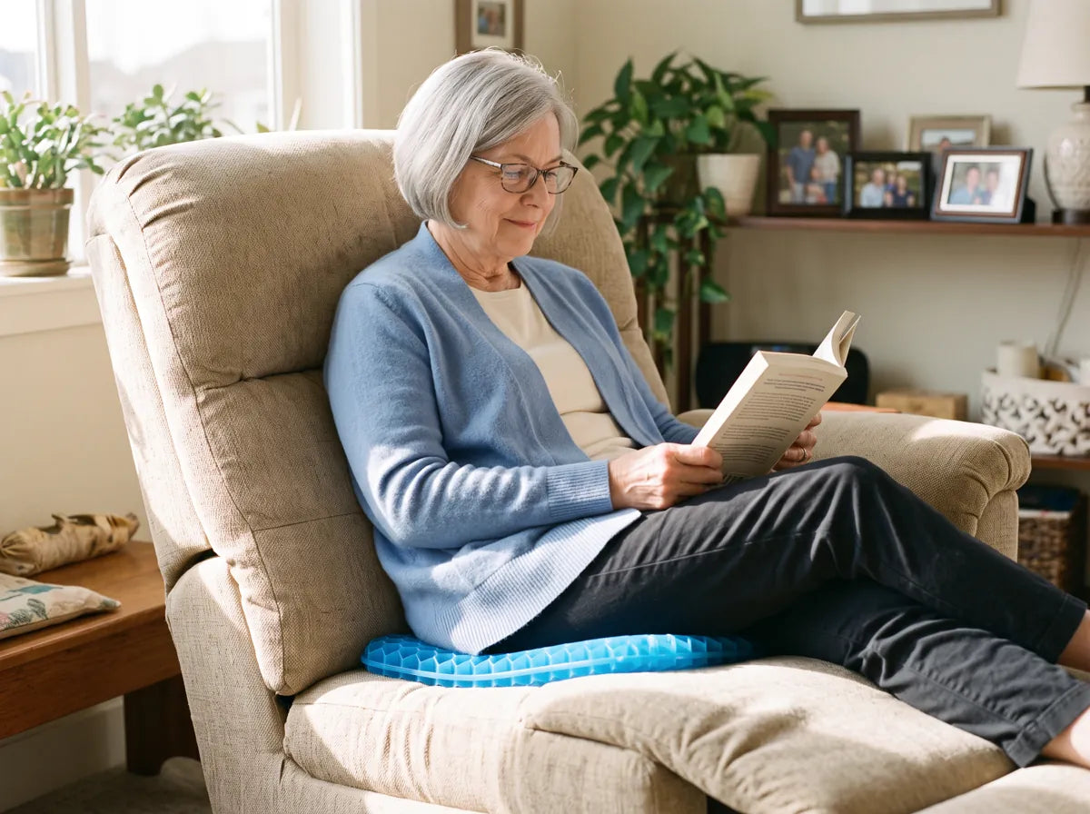 Woman relaxing in a recliner on the CellGel+ cushion