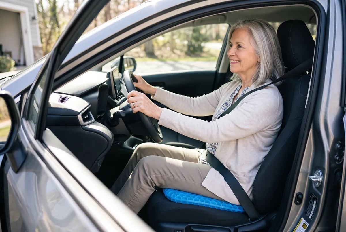 Woman driving comfortably on the CellGel+ cushion
