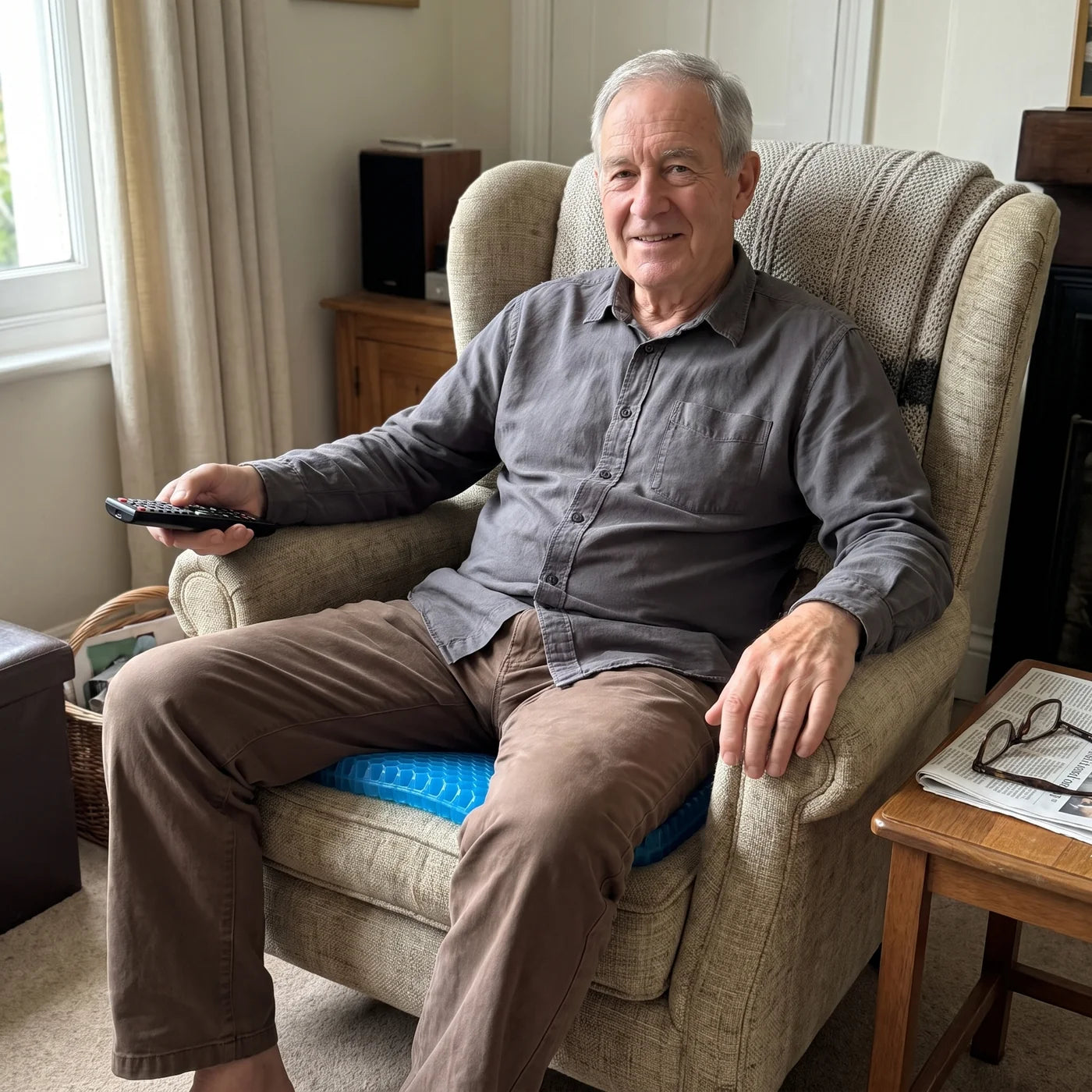 Older man relaxing on CellGel+ in his armchair